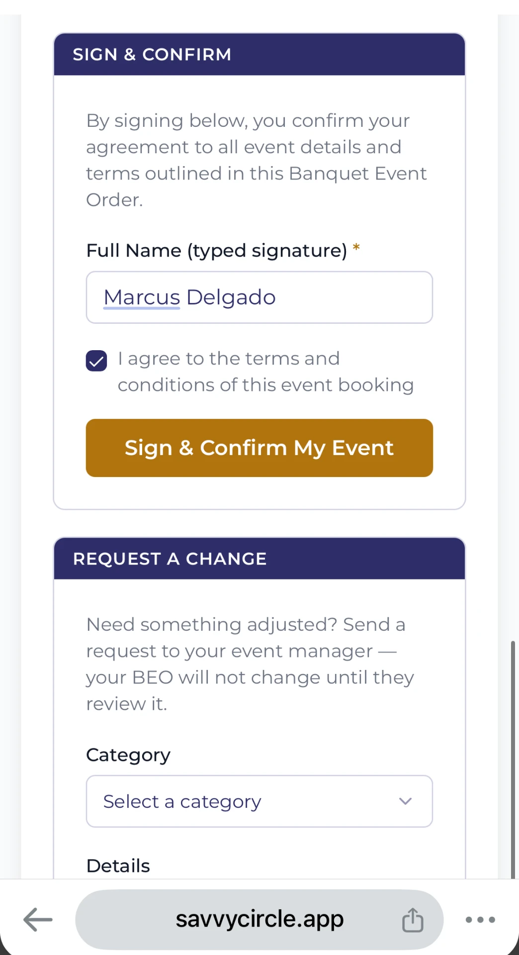 Guest signing a banquet event order on a phone.