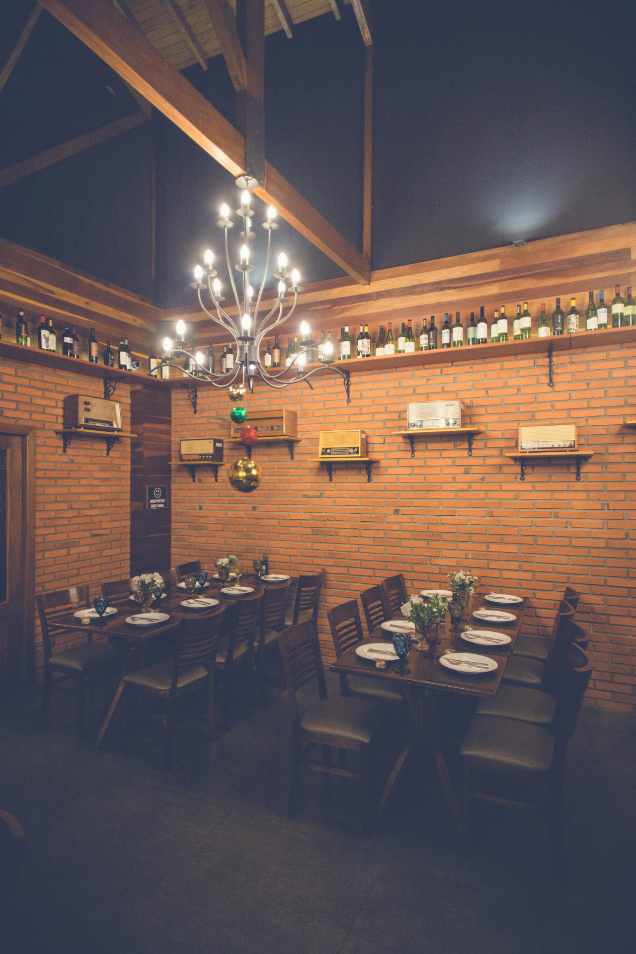 Private dining room set for an event, waiting for guests.