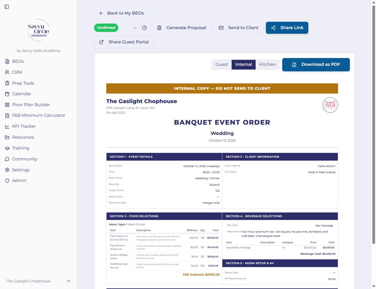 BEO internal manager view